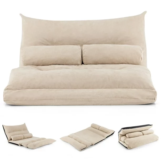 Costway Convertible Lazy Sofa Bed with 42-Level Adjustable Backrest&2 Lumbar Pillows Beige
